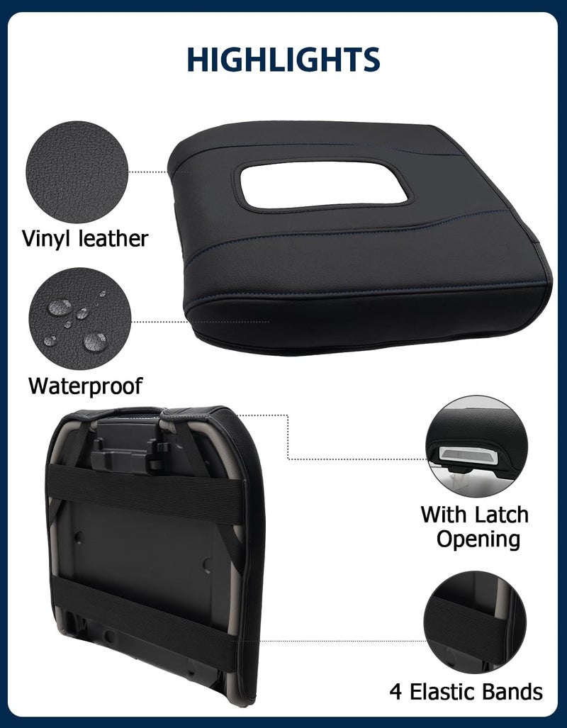 Eaglecover Center Console Armrest Cover for Chevy Silverado 1500 Accessories & GMC Sierra 2019-2026, Yukon & Tahoe & Suburban 2021-2026, Bucket Seat, PU Leather Middle Console Lid Cover Pad, Black-Blue Stitch - Image 5
